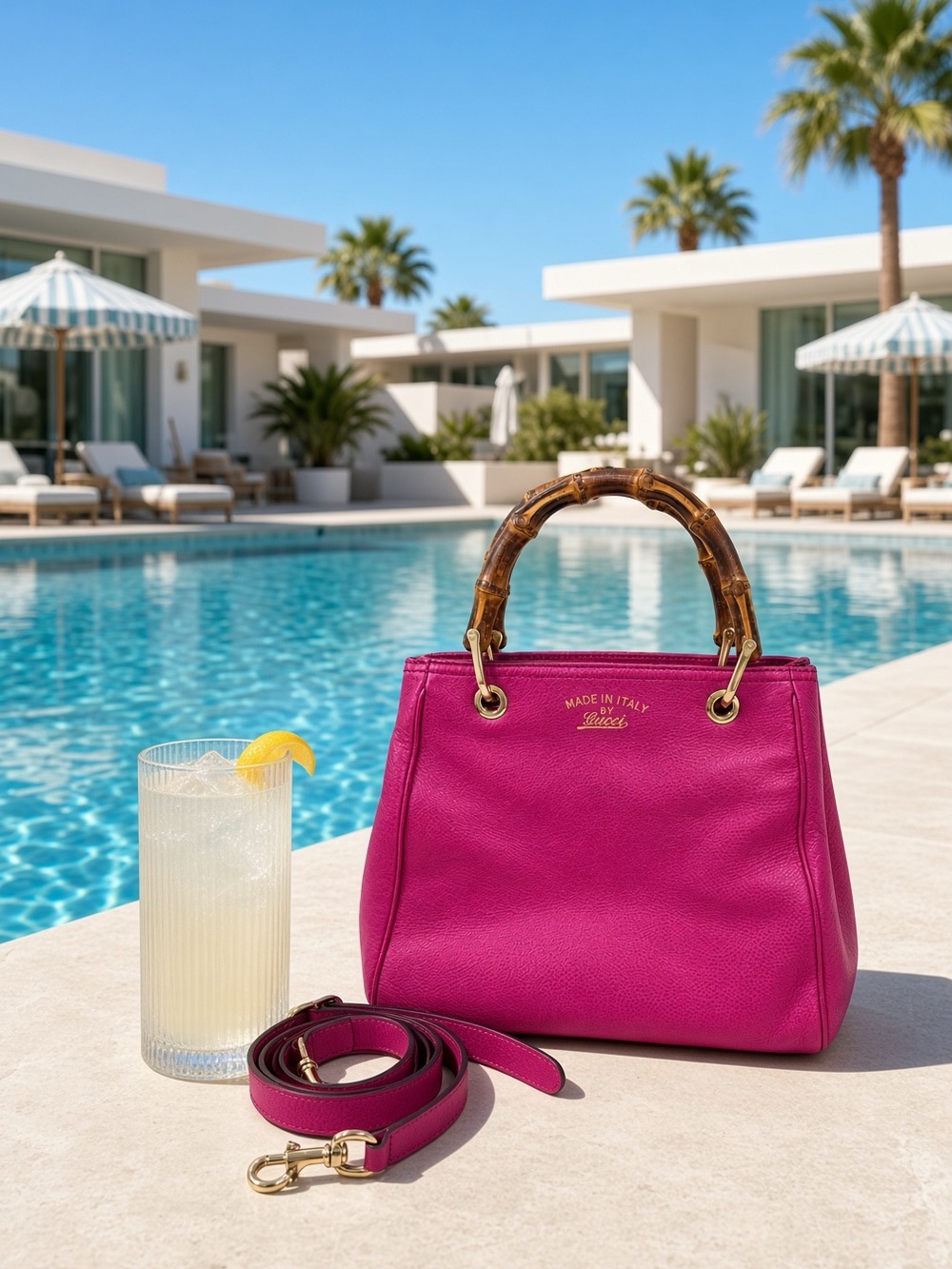 Gucci Pink Made in Italy Fuchsia Leather Handbag with Bamboo Handles
